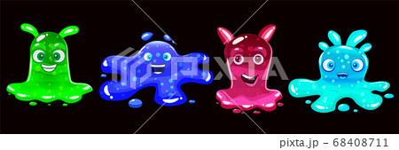 Set Slime jelli monsters characters, liquid green red cyan blue creatures. Funny cute cartoon vector illustration on black background 68408711