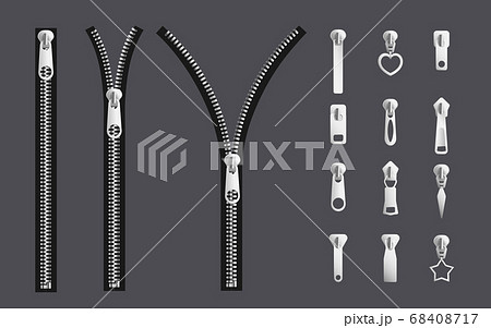 Opening and closed zipper and its parts - silver metal fabric fastener 68408717