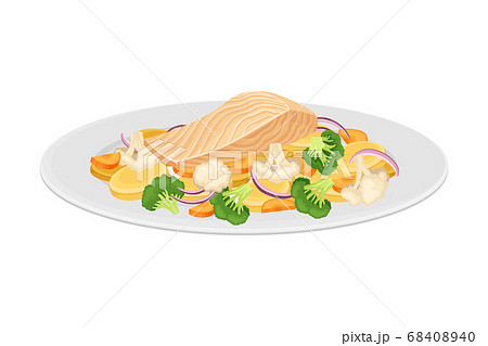 Salmon Slab with Vegetables as Seafood Dish Vector Illustration 68408940