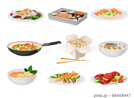 Salmon Soup and Noodles with Shrimp as Seafood Dishes Vector Set Salmon Soup and Noodles with Shrimp as Seafood Dishes Vector Set 68408947