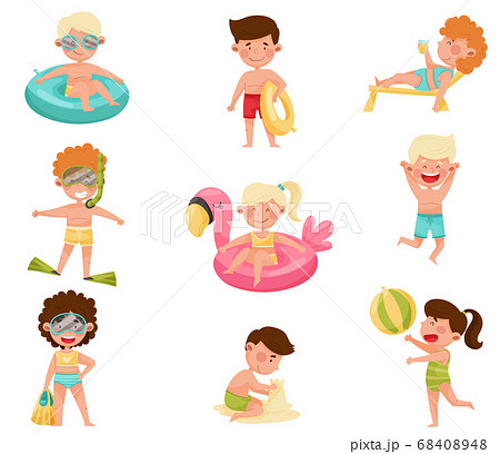 Children Characters at Sea Shore Playing in Sand, Sunbathing and Swimming in Water Vector Illustrations Set 68408948