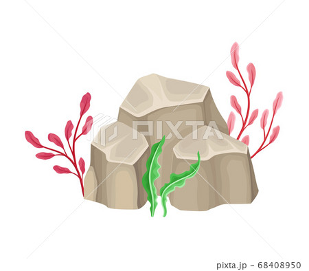 Angulated Sea Stone or Subsurface Rock with Seaweeds and Algae Vector Composition 68408950