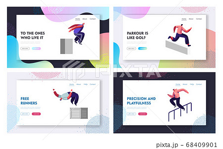 Parkour in City Website Landing Page Set. Young Men Jumping Over Walls and Barriers, Urban Sports, Active Lifestyle, Sport 68409901
