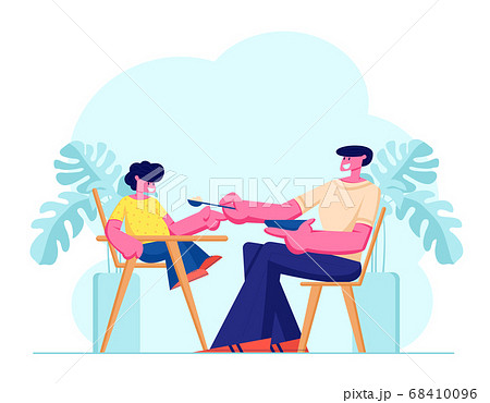 Dad Feed Son with Spoon, Boy Sit in Special High Baby Chair. Father Engaged in Raising Child. Boy Having Breakfast with Daddy Dad Feed Son with Spoon, Boy Sit in Special High Baby Chair. Father Engaged in Raising Child. Boy Having Breakfast with Daddy 68410096