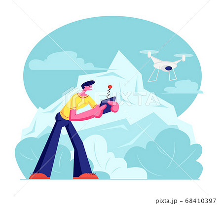 Young Man Watching and Navigating Flying Drone Young Man Watching and Navigating Flying Drone 68410397