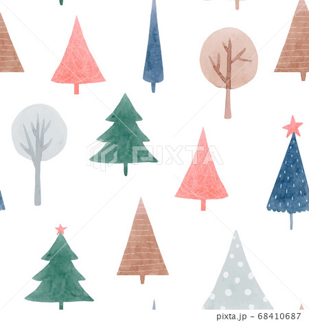 Beautiful vector seamless pattern with cute abstract watercolor forest trees. Stock illustration. 68410687
