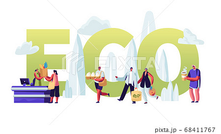 Eco Packing Concept, People Stand in Queue with Reusable Packaging in Hands Visiting Open Air Store. Male Female Characters Eco Packing Concept, People Stand in Queue with Reusable Packaging in Hands Visiting Open Air Store. Male Female Characters 68411767