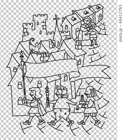 街を歩く裸の王様 モノクロ線画のイラスト素材