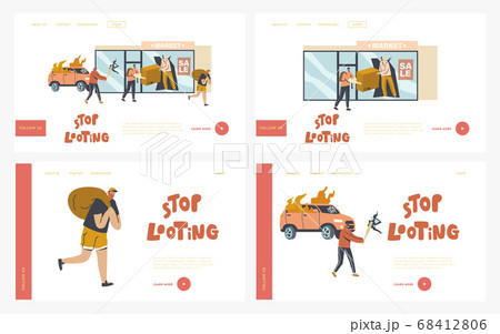 Stop Looting Landing Page Template Set. Aggressive Masked Male Characters Breaking Store Showcase for Steeling Goods 68412806