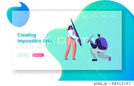 Male and Female Characters Holding Huge Paint Brushes, Drawing Painting Hobby Concept, People Designers, Artists, Art Courses Male and Female Characters Holding Huge Paint Brushes, Drawing Painting Hobby Concept, People Designers, Artists, Art Courses 68413147