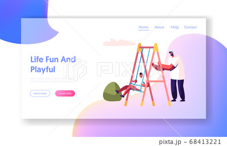 Father Swinging Child on Swing in Park or Playground. Happy Family Having Fun, Dad and Son Walking in Yard, Spend Time Together 68413221