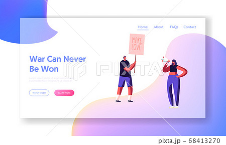 Hippie Activist Characters with Banner Make Love, Riot, Picket. People with Placards and Signboard on Strike or Demonstration 68413270