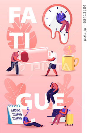 Fatigue Concept. Tiny Characters at Huge Coffee Cup, Liquid Watches of Salvador Dali, Low Battery Power Tired People Fatigue Concept. Tiny Characters at Huge Coffee Cup, Liquid Watches of Salvador Dali, Low Battery Power Tired People 68413284