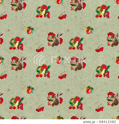 Autumn watercolor hand drawn seamless pattern with leaves mushrooms and pine cones 68413382