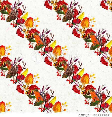 Autumn watercolor hand drawn seamless pattern with leaves mushrooms and pine cones 68413383