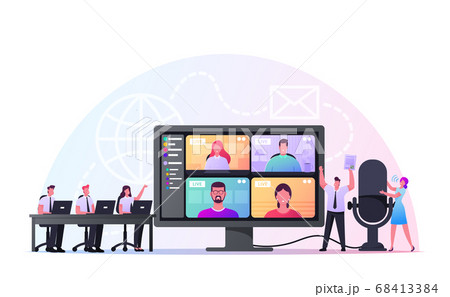 Business Characters, Tiny Employees Speak on Video Call with Remote Colleagues on Online Briefing, Webcam Conference 68413384