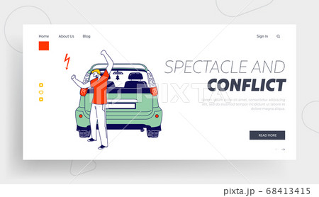 Upset Driver after Car Accident on Road Landing Page Template. Stressed Male Character Yelling and Waving Fists 68413415