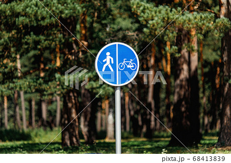 Bicycle and pedestrian lane blue road sign on pole 68413839