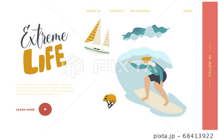 Surfing Recreation in Ocean Landing Page Template. Young Woman Surfer Character in Swim Wear Riding Sea Wave on Board 68413922