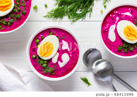 Soup from fresh young beetroot and cucumbers Soup from fresh young beetroot and cucumbers 68413996