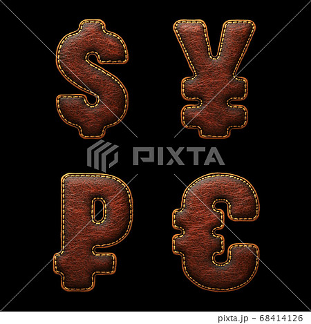 Set of symbols dollar, yen,rouble and euro made of leather. 3D render font with skin texture isolated on black background. 68414126