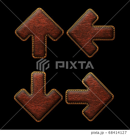 Set of symbols up, to down arrow and left, right arrow made of leather. 3D render font with skin texture isolated on black background. Set of symbols up, to down arrow and left, right arrow made of leather. 3D render font with skin texture isolated on black background. 68414127