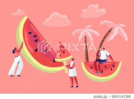 Summertime Leisure, Beach Party. Tiny Male and Female Characters with Huge Watermelon. People Enjoying Summer Vacation 68414198