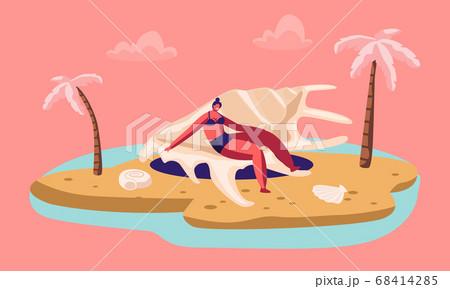 Happy Tourist Woman Enjoying Summer Vacation Holiday on Exotic Beach Sitting on Huge Seashell Conch on Tropical Destination Happy Tourist Woman Enjoying Summer Vacation Holiday on Exotic Beach Sitting on Huge Seashell Conch on Tropical Destination 68414285