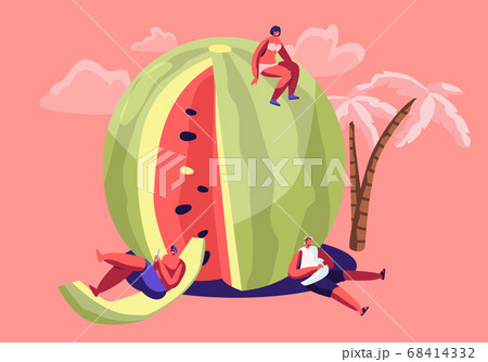 Miniature Characters in Swimsuit Relaxing on Huge Refreshing Ripe Watermelon. Summer Time, Group of People, Family and Friends 68414332