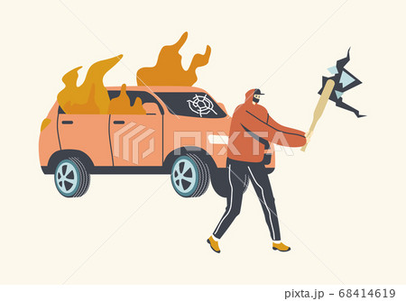 Aggressive Looter Male Character with Hidden Faces and Baseball Bat Breaking Wall and Car on Street. Vandalism, Violence 68414619