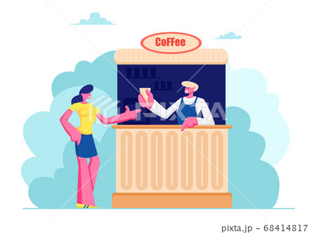 Young Woman Buying Coffee in Booth on Street. Summer Cafe with Drinks, Girl Buy Hot Beverages in Outdoor Cafeteria, Leisure 68414817