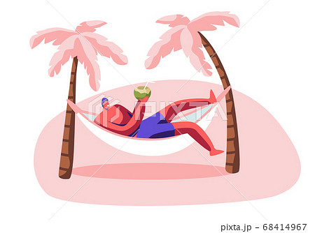 Young Man Relax in Hammock with Coconut in Hands Young Man Relax in Hammock with Coconut in Hands 68414967