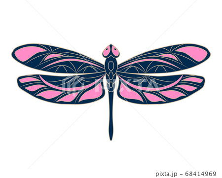 Openwork dragonfly icon. Colorful vector illustration. Isolated blue-pink element with a beige outline on a white background. Creative modern concept for the design of logos, prints, covers, crafts. 68414969