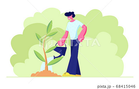 Happy Teenager, Young Man Character Watering Green Seedling in Garden with Water Can. Life Cycle, Time Line and Growth 68415046