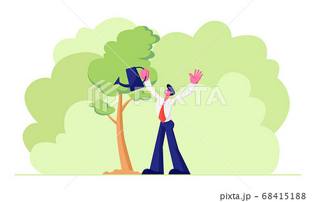Happy Adult Business Man Character Wearing Formal Suit Watering Trees in Garden with Water Can. Life Cycle, Time Line and Growth 68415188