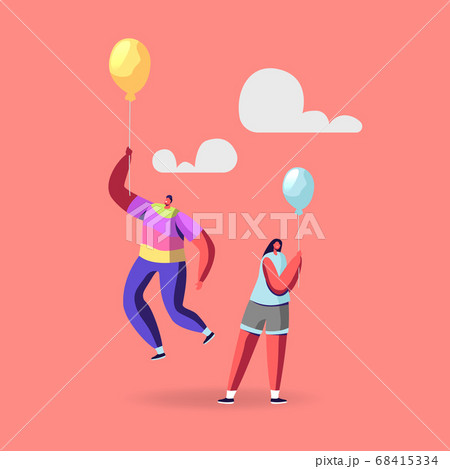 Outstanding Individuality, Be Unique. Male Character in Colorful Rainbow Clothes Flying on Yellow Balloon above Woman 68415334
