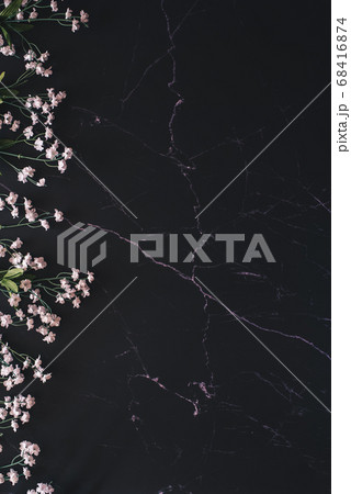 Flat lay of white flowers against black marble 68416874