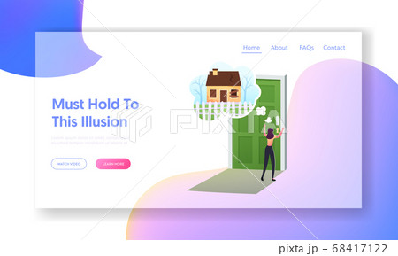 Mind Illusions, False and Fake Landing Page Template. Female Character Looking through Keyhole on Old Abandoned House Mind Illusions, False and Fake Landing Page Template. Female Character Looking through Keyhole on Old Abandoned House 68417122