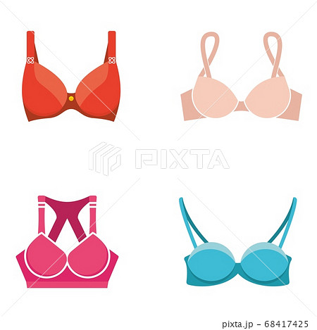 Vetor de Bra design vector flat icons set. Female torso in different types  of brassieres. Front and back view. Lingerie fashion infographic elements.  Woman wears underwire, invisible, full cup, longline bras do