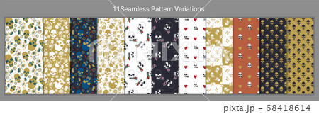 Set of 11 Colorful and monochrome seamless pattern with stylized skulls. Stock vector 68418614