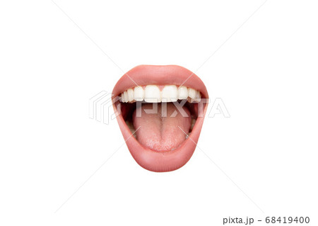 Close up view of female mouth wearing nude lipstick isolated over white studio background 68419400