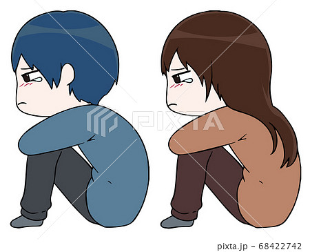 体育すわりで落ち込み泣く女性と男性セットのイラスト素材