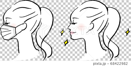 Side profile illustrations of masked women and unmasked women with makeup Side profile illustrations of masked women and unmasked women with makeup 68422982
