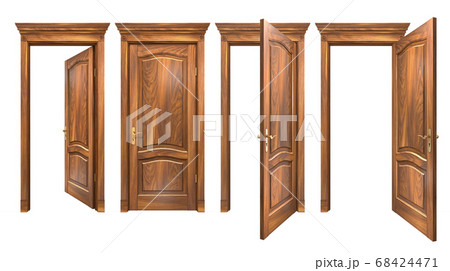 Closed and open brown wooden doors isolated on white. Natural hard wood entrance with arched panels, cornice, columns. High resolution 3D rendering with copy space Closed and open brown wooden doors isolated on white. Natural hard wood entrance with arched panels, cornice, columns. High resolution 3D rendering with copy space 68424471