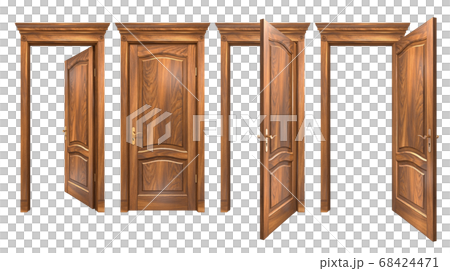 Closed and open brown wooden doors isolated on white. Natural hard wood entrance with arched panels, cornice, columns. High resolution 3D rendering with copy space Closed and open brown wooden doors isolated on white. Natural hard wood entrance with arched panels, cornice, columns. High resolution 3D rendering with copy space 68424471