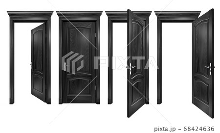 Open and closed black doors with arched panels, cornice, columns. Textured wooden doorways with silver trim, isolated on white. 3D rendering with copy space 68424636