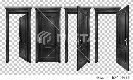 Open and closed black doors with arched panels, cornice, columns. Textured wooden doorways with silver trim, isolated on white. 3D rendering with copy space 68424636