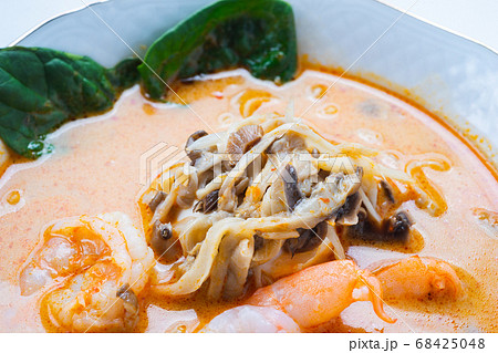 Traditional Asian soup with chicken or pig meat with udon noodles in a white bowl, isolate. Traditional Asian soup with chicken or pig meat with udon noodles in a white bowl, isolate. 68425048