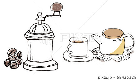 コーヒーカップとコーヒー豆挽のイラスト素材