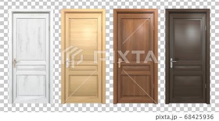 Collection of different wooden doors isolated on white. Light pine and dark oak wood entrances 68425936